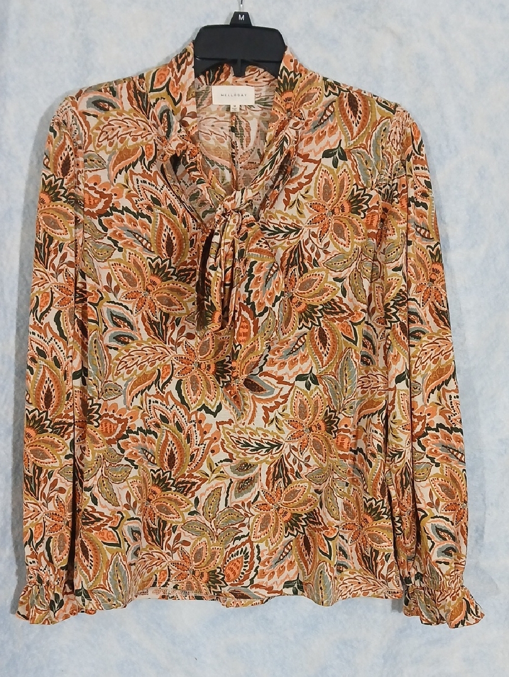 Melloday Multi Paisley Autumn Tie-Neck Smocked Womens Blouse SZ M